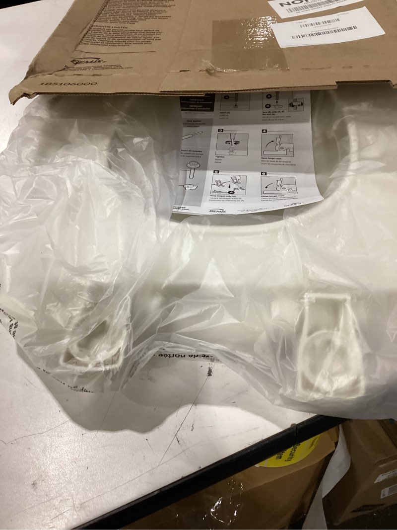 Condition photo showing As Is for bemis 7300slec slow close toilet seat, easy clean hinges and durable plastic seat, made in usa, elongated, biscuit elongated biscuit