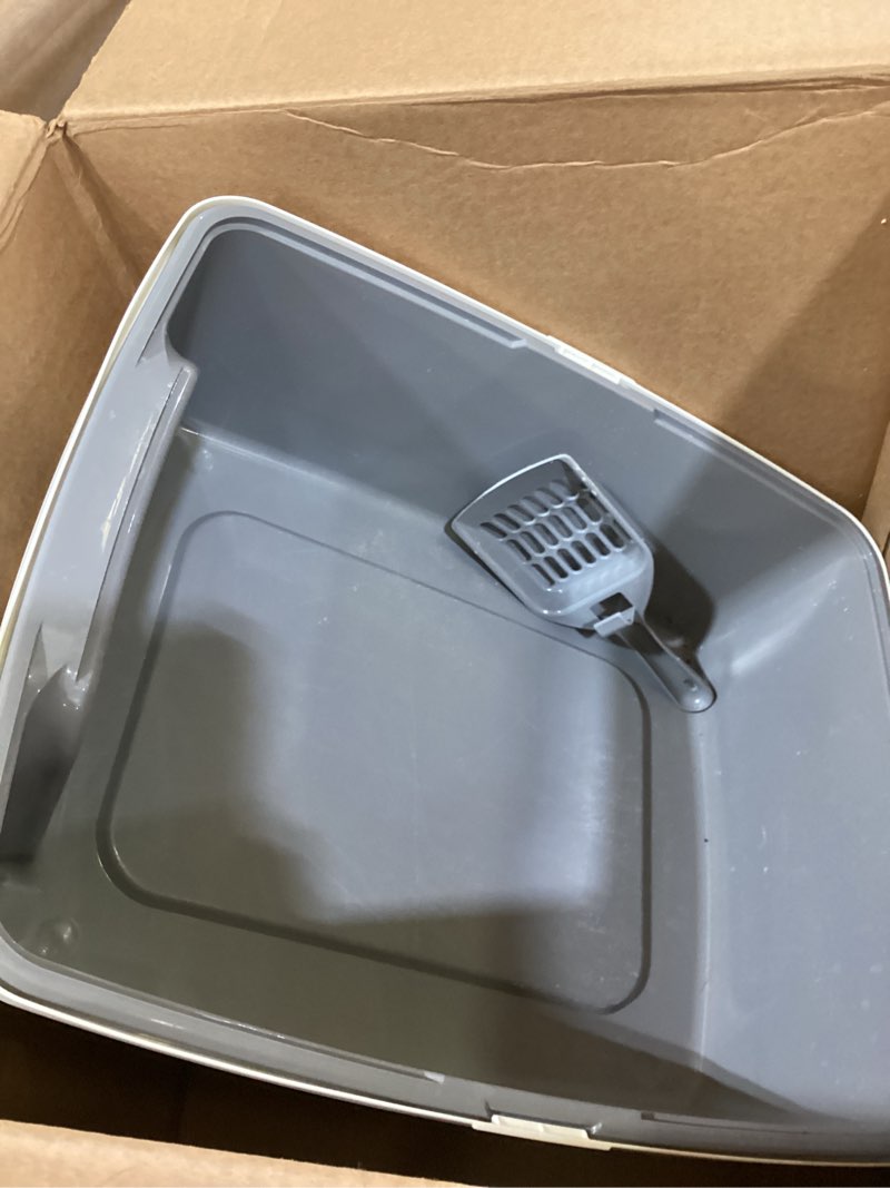 Condition photo showing As Is for amazon basics large cat litter box with high sides, open top for easy access, includes scoop with storage, 19" x 15" x 11.75", grey/beige grey/beige open top