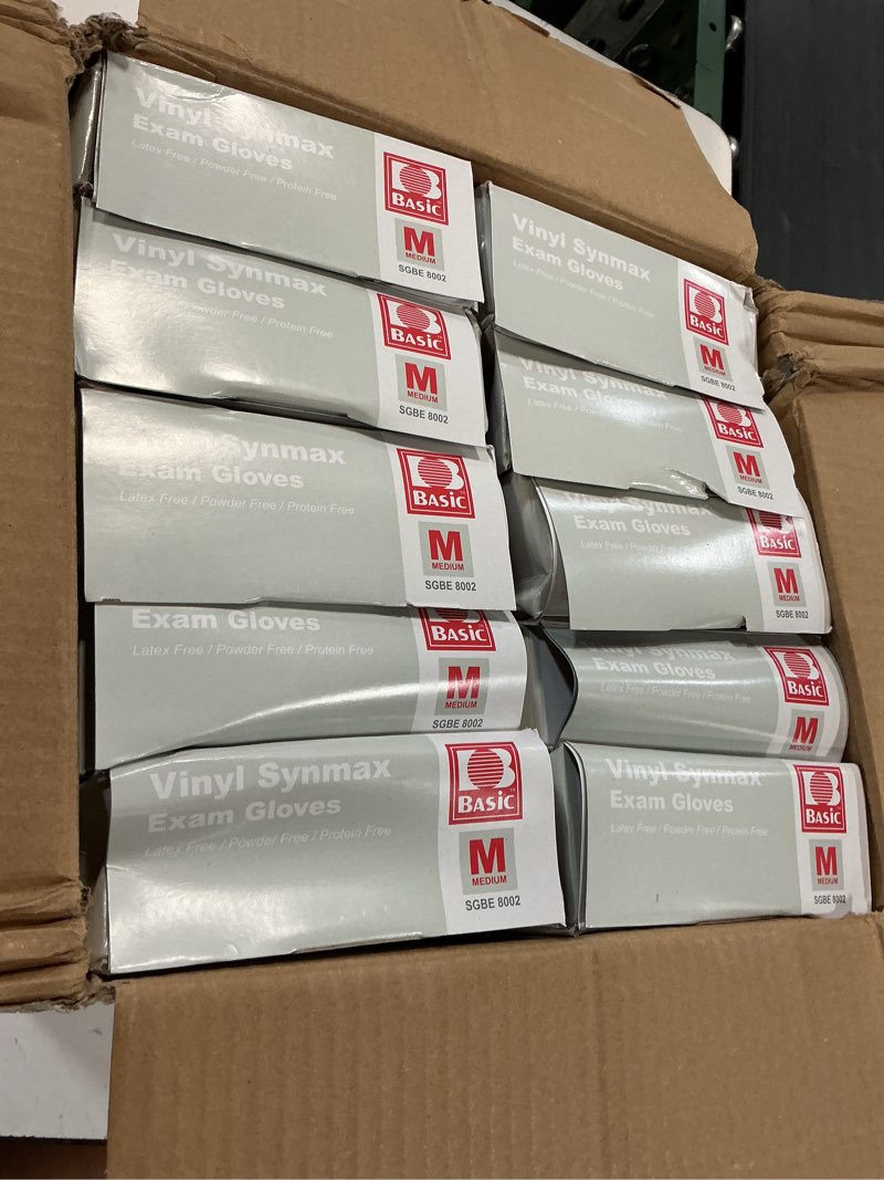 Condition photo showing New/Like New for basic vinyl exam gloves, 4 mil safty glove latex-free & powder-free, sgbe 8002 synmax disposable medical glove medium (case of 1000, black) 100 count (pack of 10) medium (black 1000)