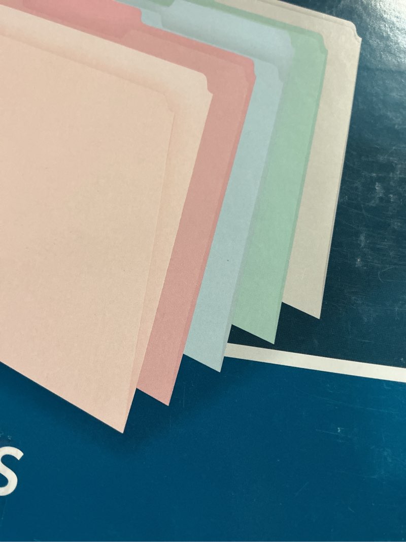Condition photo showing Good Condition for office depot brand file folders, 1/3 cut, letter size, assorted pastel colors, box of 100 folders