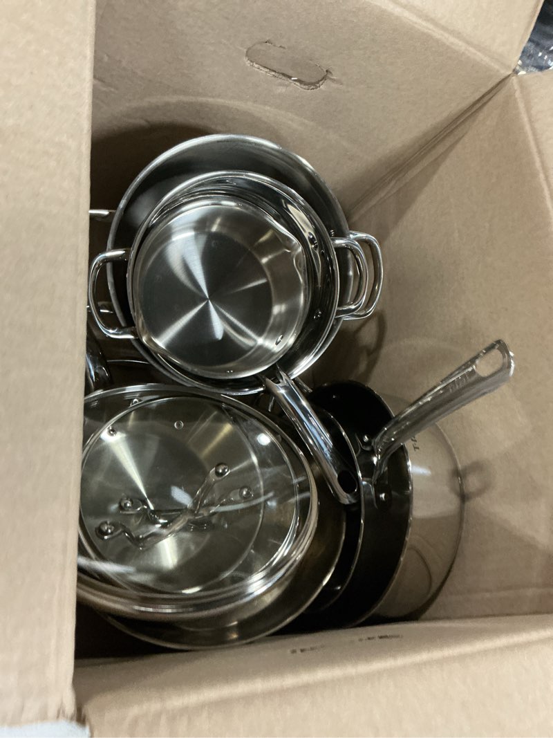 Condition photo showing As Is for t-fal stainless steel pots and pans set 11 piece, induction, oven broiler safe 500f, kitchen cooking set w/fry pans, saucepans, saute pan, steamer, cookware, dishwasher safe, silver stainless steel 11-piece