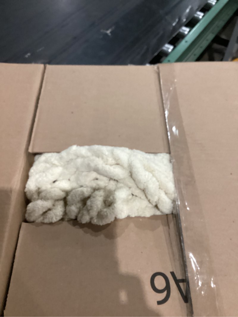 Condition photo showing As Is for Bigacogo Chunky Knit Throw Blanket for Couch, 51x63 inches, 100% Hand Knitted with Thick Jumbo Chenille Yarn, Cozy Soft Large Rope Knot Cable Crochet Blankets for Sofa Bed Living Room, Beige Beige 51"x63" (Large Size Throw?