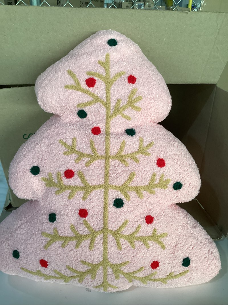 Condition photo showing As Is for Pink tree pillow Lanpn Christmas Tree Pillows Set of 2, Snowflake & Tree Christmas Decoration Winter Soft Cute 3D Shaped Xmas Tree Throw Cushion for Sofa Bedroom Xmas Decor (18x16 inch, Pink