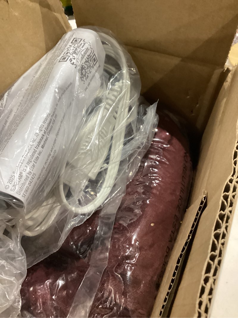 Condition photo showing New/Like New for Sunbeam Electric Throw Royal Luxe Microplush Heated Blanket, 4 Heat Settings, 4-Hour Auto Shut-Off, Fast Heating, Warm and Cozy, Cabernet Red Color, 50" x 60" Cabernet Throw