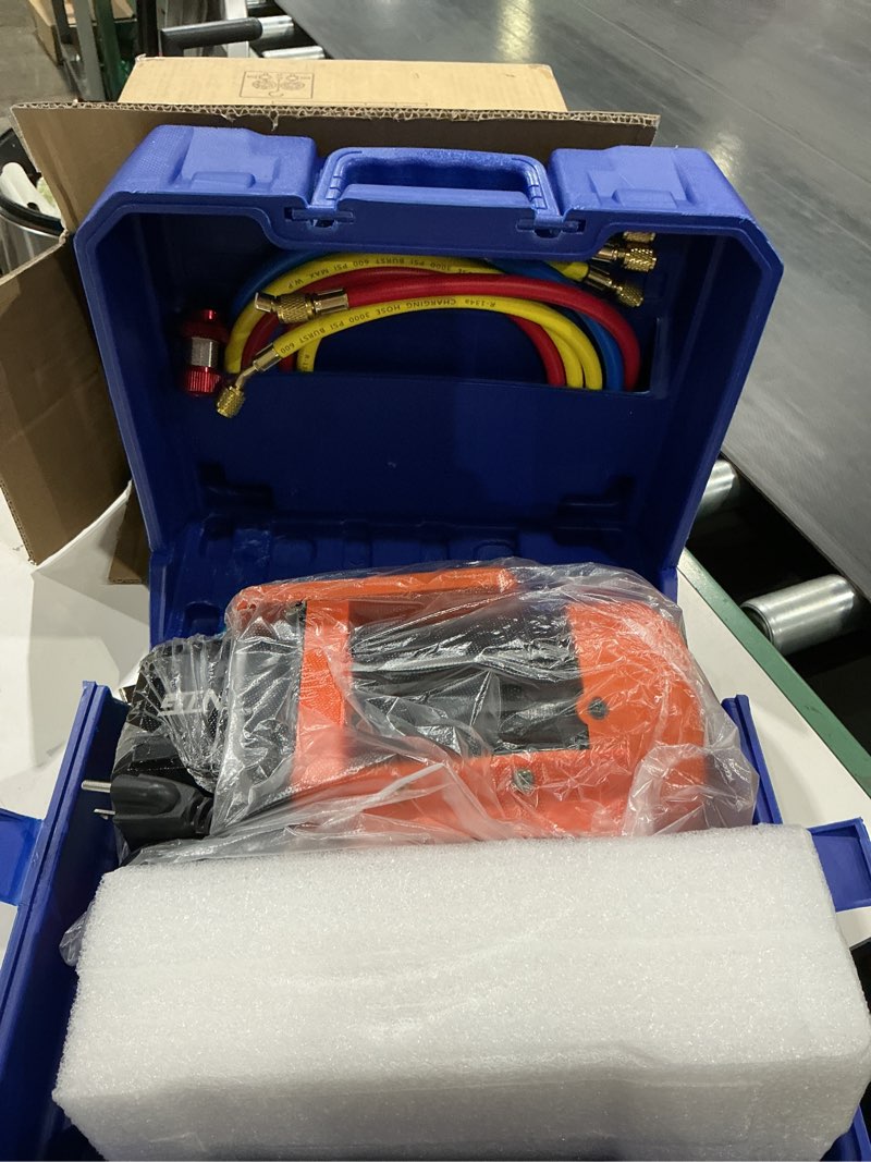 Condition photo showing Good Condition for vtg vogten 4.5 cfm ac vacuum pump and gauge set,ac vacuum pump kit | for mini split/hvac/auto systems,fits r134a r12 r22 r502,w/3 hoses,trifold storage case,2 r134a can taps,quick couplers