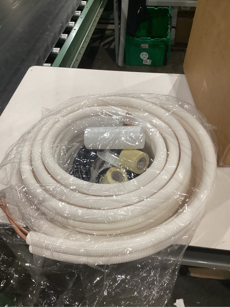 Condition photo showing As Is for similar to not exact daisypower mini split line set kit,16ft copper line pipes,1/4\" & 1/2\" o.d, with 3/8\" pe insulated coil line set for air conditioner hvac refrigeration and heat pump systems,with installation fittings