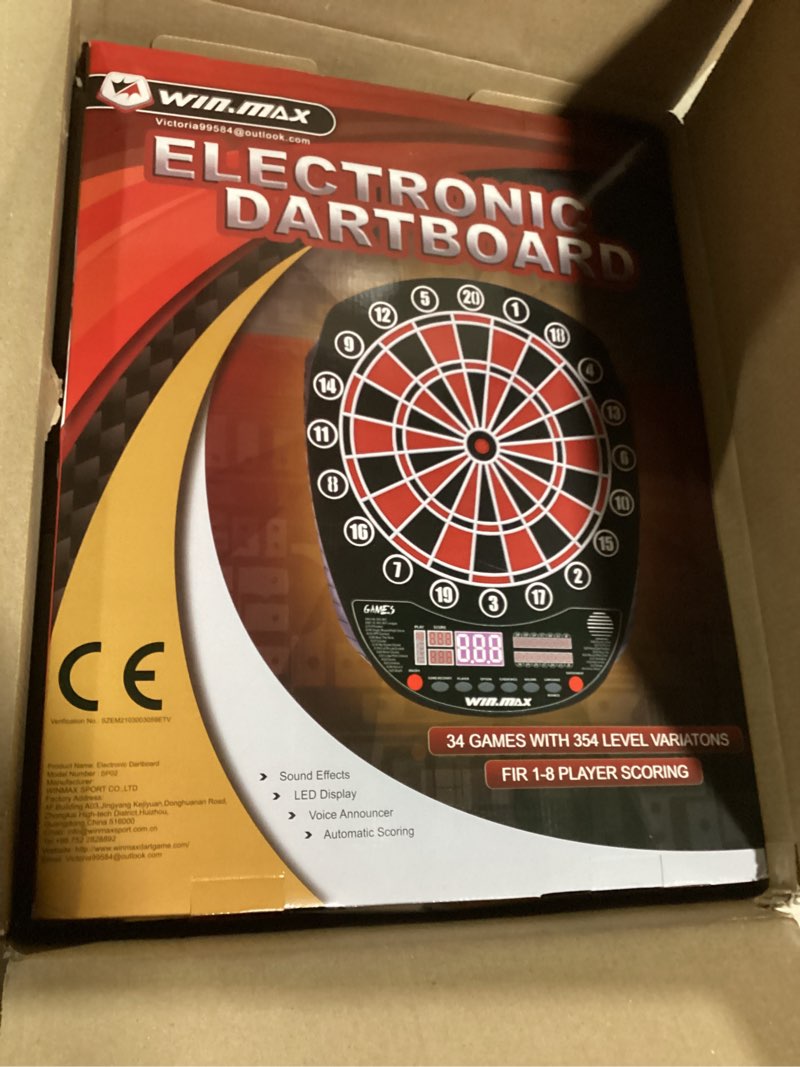 Condition photo showing Good Condition for WIN.MAX Electronic Dart Board Soft Tip Dartboard Set LED Displays 3 Languages with 12 Darts 100 Tips Power Adapter BLUE/WHITE