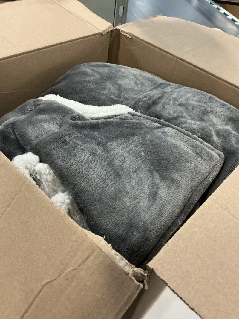 Condition photo showing As Is for Wearable Heated Blanket Electric Snuggle with Foot Pocket/Sleeves, 59x70 Inch Heated Throw Blanket with for Women Men Adults, Super Soft Flannel & Sherpa Blanket Warmer for Home Office, Gray