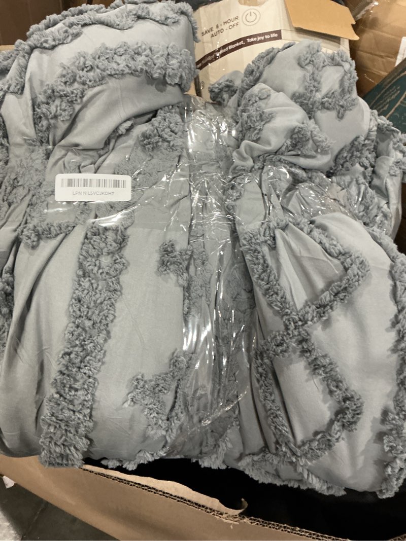 Condition photo showing As Is for Bedsure Tufted Boho Comforter Set King Size - Grey Boho Bed Set, GentleSoft™ 3 Pieces Farmhouse Shabby Chic Embroidery Bedding, Gifts for Woman, Soft Jacquard King Comforter for All Seasons King 17 - Grey - Elegant