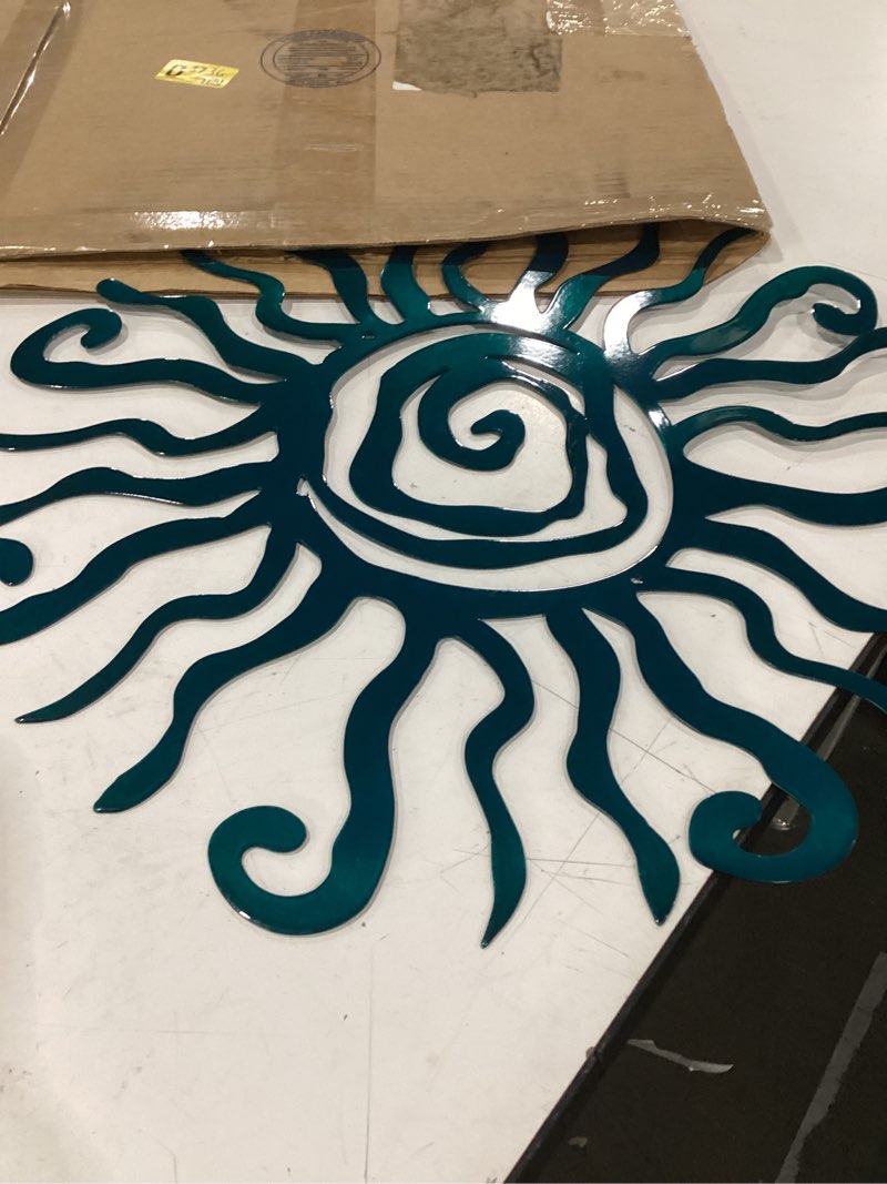 Condition photo showing As Is for wacky sun metal wall art indoor/outdoor decor - 18" teal rust proof wall sculpture - made in usa - ideal for bedroom, garden, home, patio and farmhouse 18"l x 18"w teal