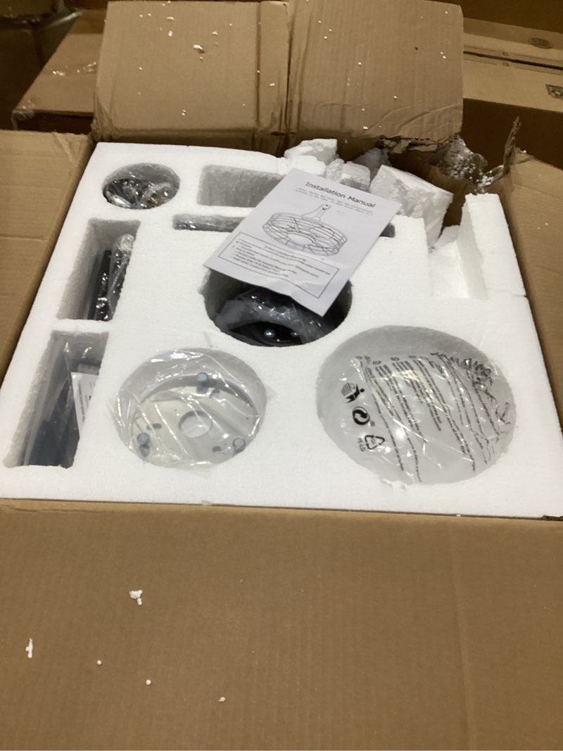 Condition photo showing As Is for jazimar outdoor caged ceiling fan with lights, 20" waterproof plug-in fixtures, app/remote control, 3 color temperatures led, 6 speed reversible dc motor, for indoor farmhouse porch patios caged fans