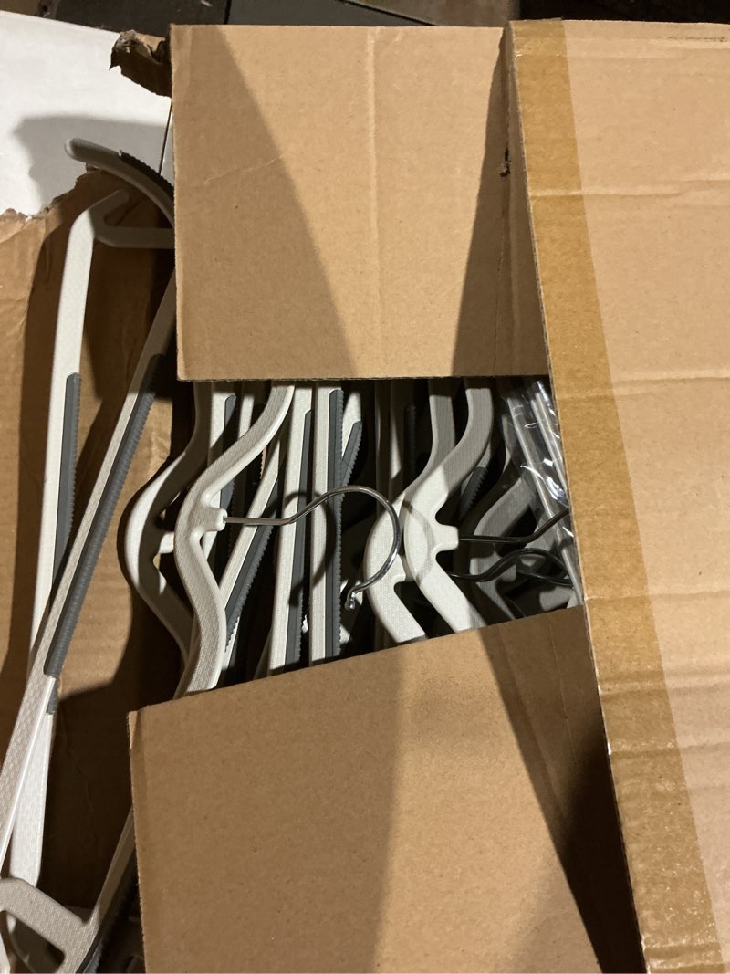 Condition photo showing As Is for 60 Pack M-Style Plastic Pants Hangers, Thin Space Saving Hanger with Rubber Pads and 360° Hook - Non Slip Clothes Hangers, Closet Organizer for Shirt, Tank Top, Suit, Skirt - Gray