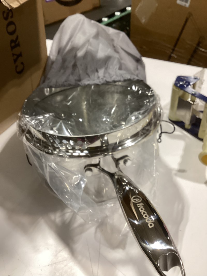 Condition photo showing Good Condition for 3.5 quart stainless steel pot saucepan with glass strainer lid, sauce pot with two side spouts, induction cooking pot, multipurpose sauce pan with lid for cooking(tri-ply full body) 3.5 qt tri-ply stainless steel