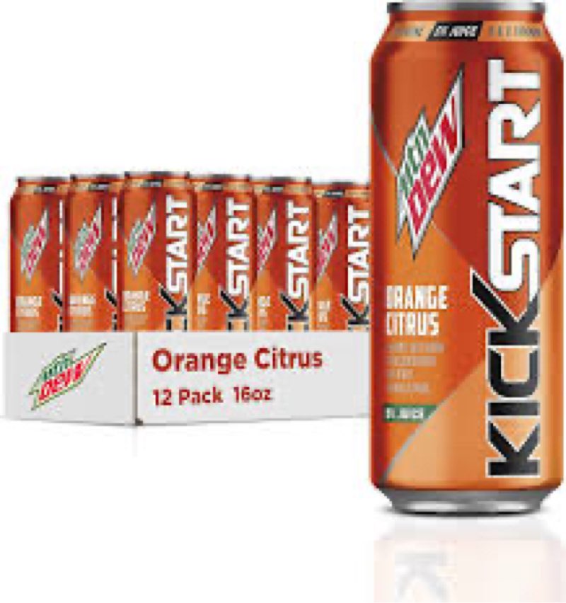 (bbd 08/19/25). mountain dew kickstart, orange citrus, 92mg caffeine, vitamins b & c, 80 calories, 5% juice, 16 fl oz (pack of 12) orange citrus 16 fl oz (pack of 12)