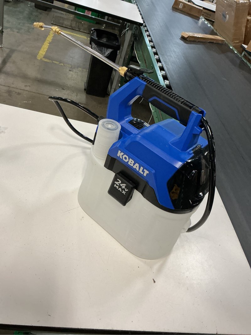 Condition photo showing As Is for kobalt 2.11-gallon 24-volt battery operated handheld sprayer