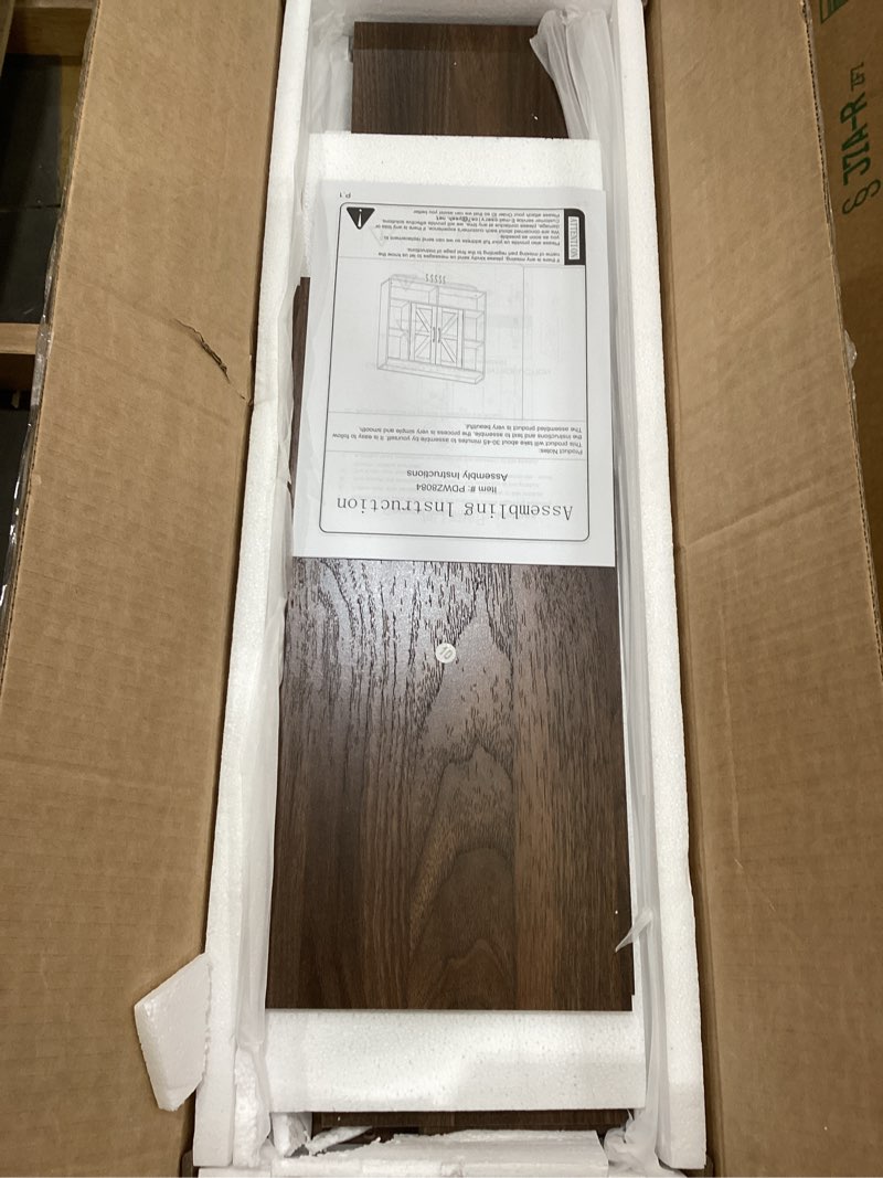 Condition photo showing As Is for rustown rustic wood wall bathroom cabinet, farmhouse medicine cabinet wall mounted, space saving wall storage cabinet with 2 barn door, 3-tier adjustable shelves and towel bar(dark walnut)