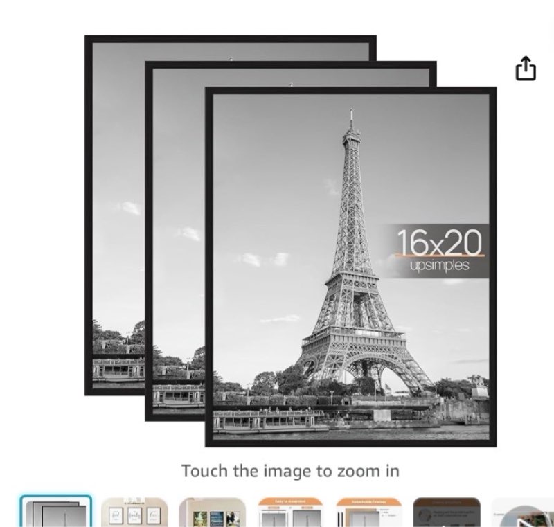 upsimples 16x20 picture frame black 1pack, scratch-proof poster frames 16 x 20 for photo gallery - slide-in strips, horizontal or vertical wall mounting