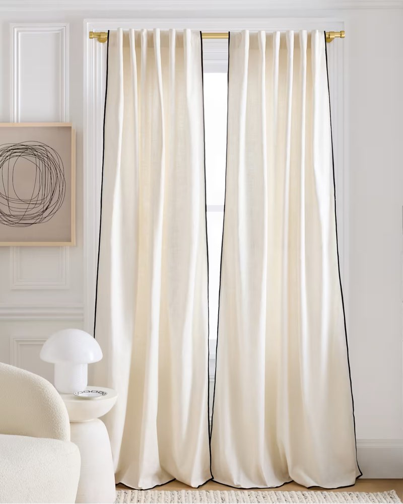 quince piped edge cotton curtain -  2 panels /ivory/black piping 48”x108”