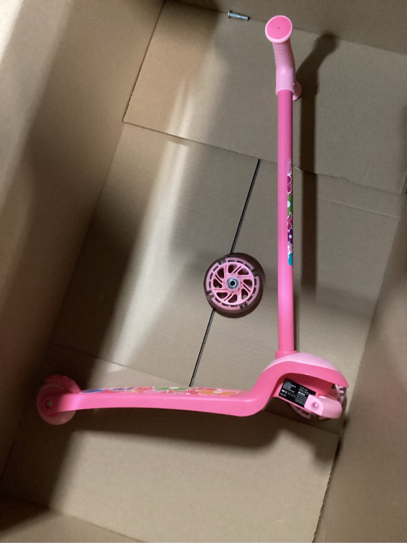Condition photo showing As Is for best choice products kids mini kick scooter toy w/light-up wheels, height adjustable t-bar, foot break - pink