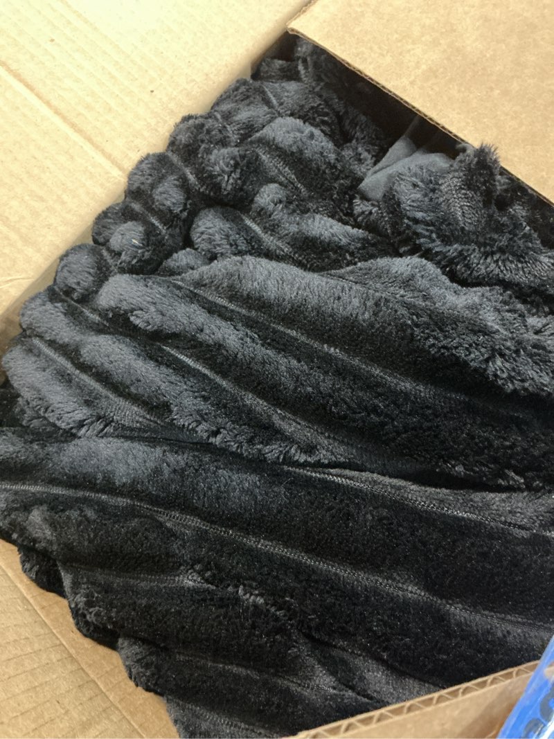 Condition photo showing Good Condition for EXQ Home Fluffy Comforter Set Queen Size - Super Soft Faux Fur Stripe Jacquard Comforter 3 Pieces, Black Fleece Bedding Set,Winter Warm Bed Set,1 Comforter with 2 Pillowcases 01 Black 3 Piece-Queen (90"X90")