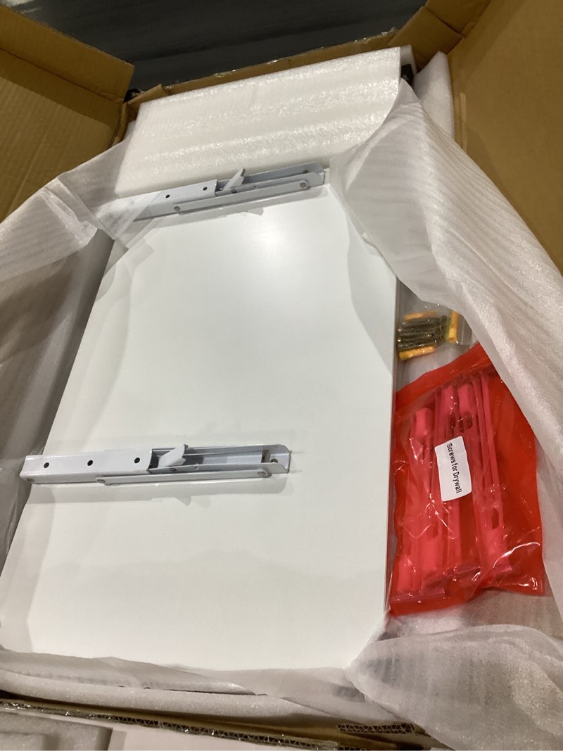 Condition photo showing As Is for upgrade wall mounted folding table 31.5”l x 15.7”w, laundry folding table with heavy duty metal collapsible shelf brackets, wall mounted desk fold down for small spaces, white white 31.5" x 15.7"