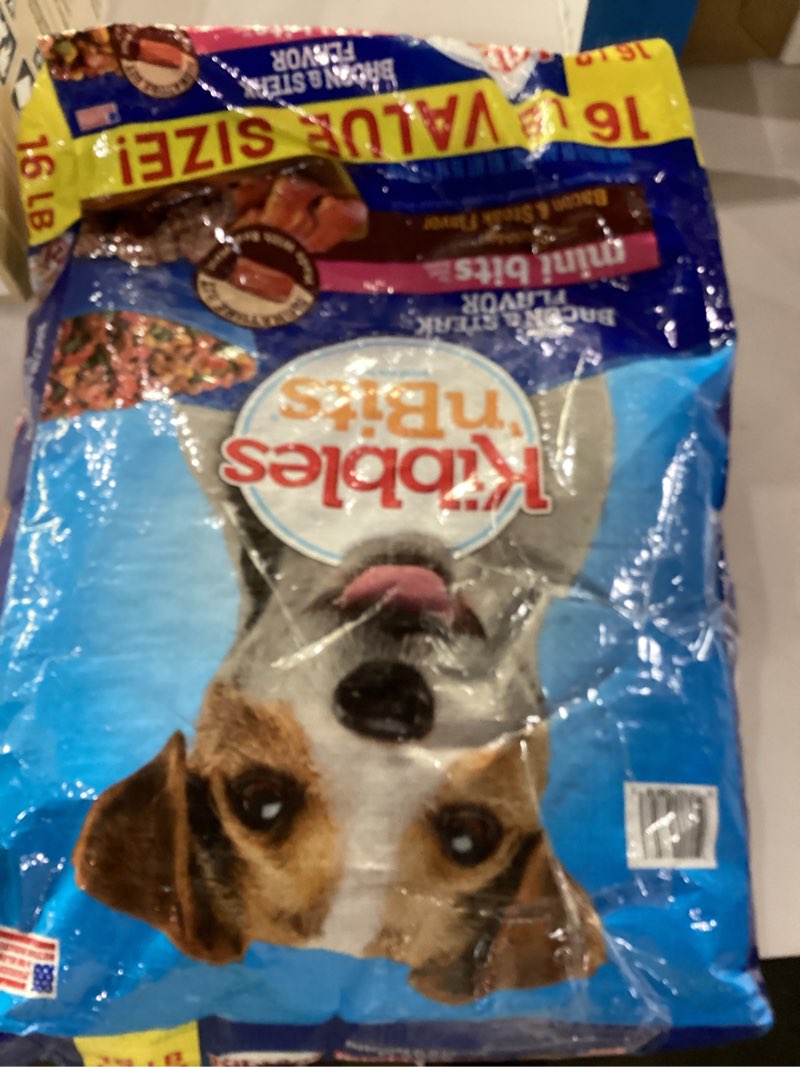 Condition photo showing New/Like New for kibbles ‘n bits mini bits small breed savory bacon & steak flavor dry dog food  16 lb. bag