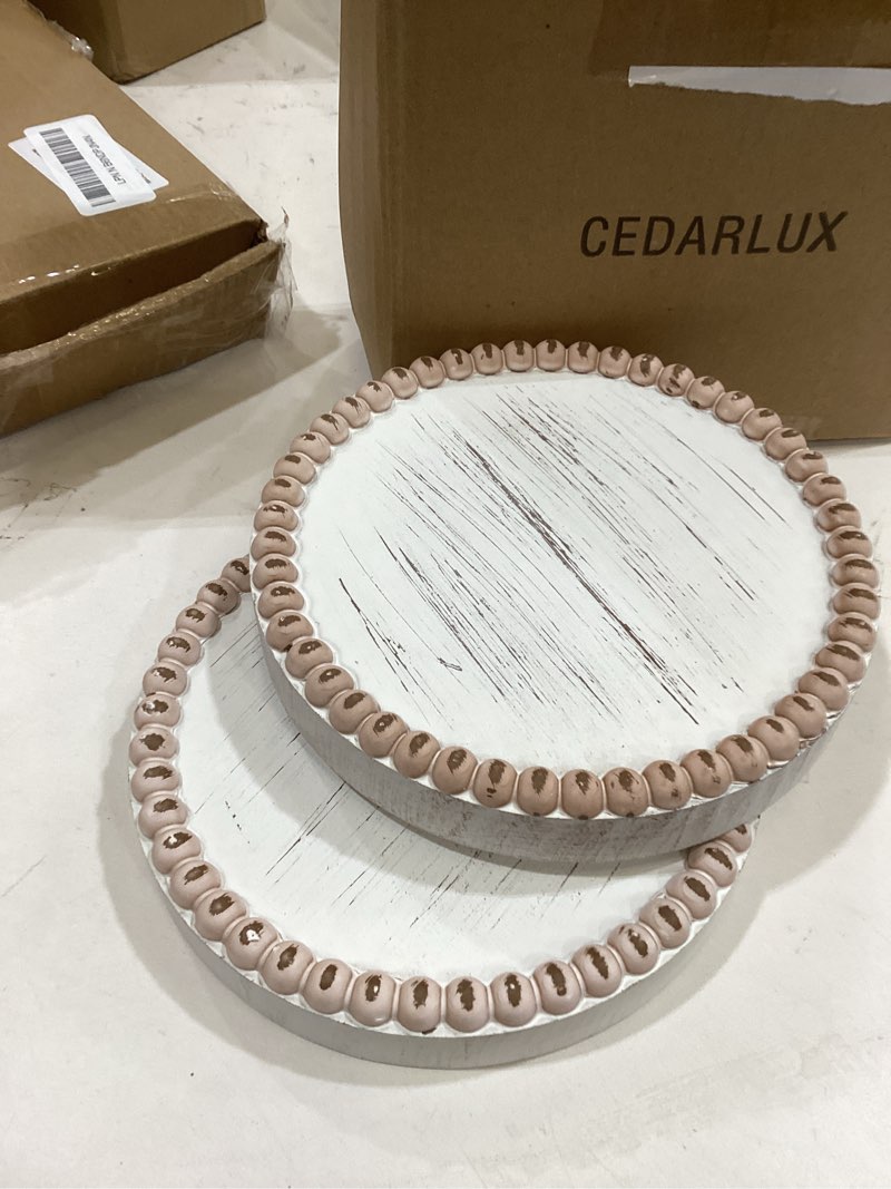 Condition photo showing Good Condition for Small Wood Risers for Decor, Round Wooden Display Risers Candle Plates and Trays, Farmhouse Candle Trays Home Decor, Pedestal Stand for Mini Cake, Mug Display Decorative, Table Centerpiece, White Antique White