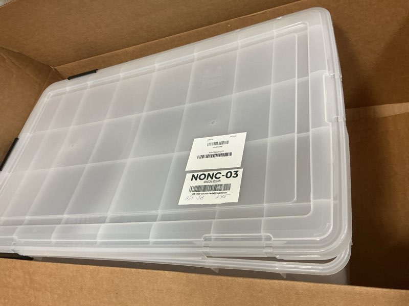 Condition photo showing As Is for IRIS Weatherpro 46 qt Clear Storage Box 