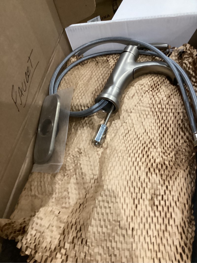 Condition photo showing As Is for Moen Halle Spot Resist Brushed Nickel One-Handle Single Hole Bathroom Sink Faucet with Optional Deckplate, 84970SRN