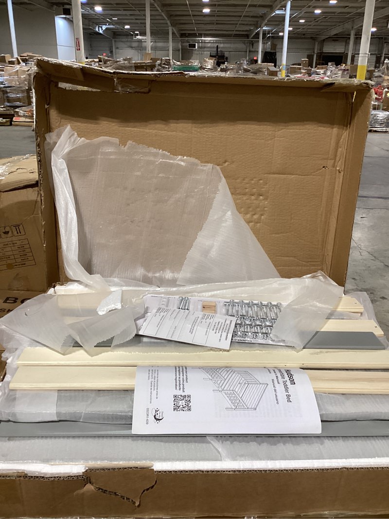 Condition photo showing New/Like New for Dream On Me Hudson 3 In 1 Convertible Toddler Bed In Cool Grey, Greenguard Gold Certified, JPMA Certified, Non Toxic Finishes, Made of Sustainable New Zealand Pinewood