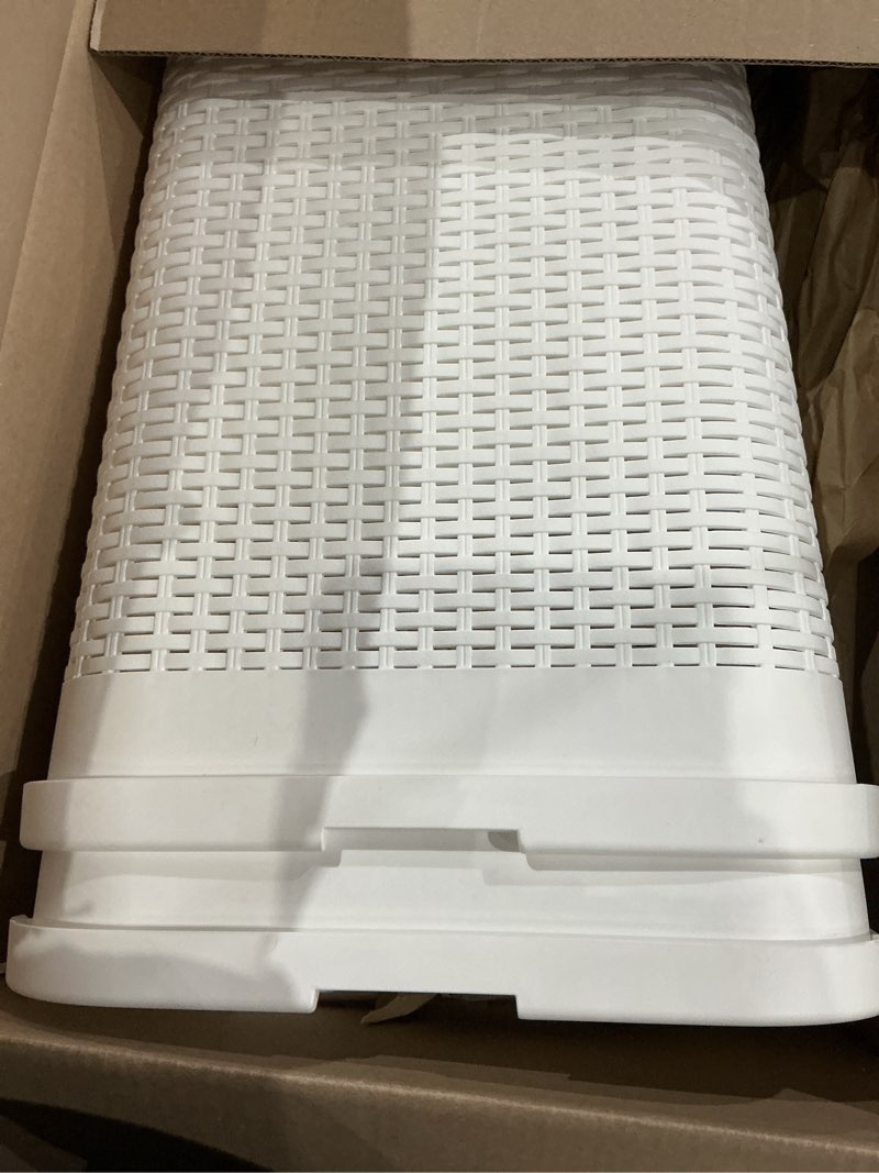 Condition photo showing Good Condition for mind reader slim laundry hamper with lid, 40l clothes basket, narrow tapered design with ventilated cutout pattern, plastic, set of 2, white white set of 2