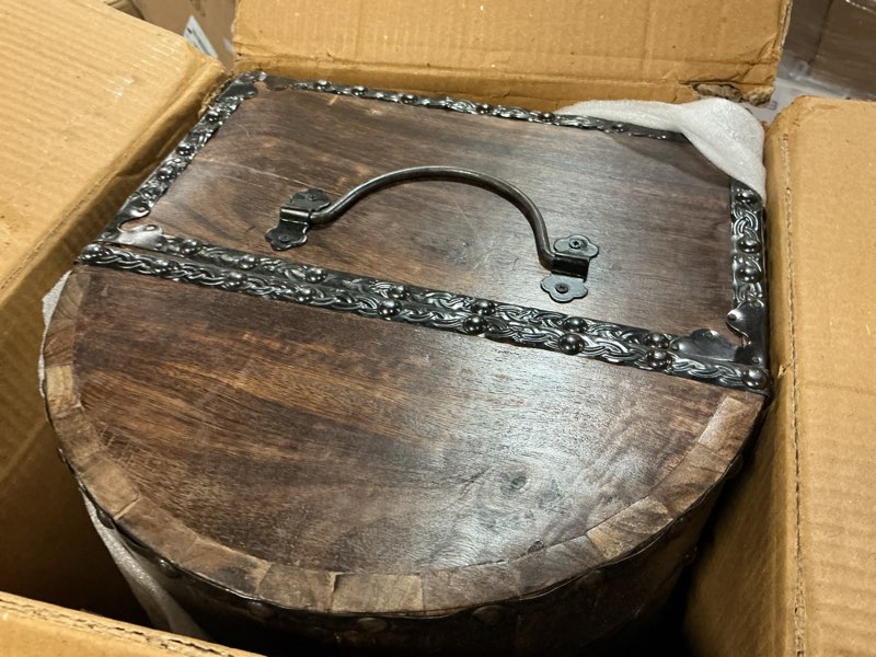 Condition photo showing Good Condition for nautical cove wood treasure chest with decorative rivets and reinforcing iron strips with lock and skeleton keys (dark antique, large 13x10x10) – wooden keepsake box, pirate decor, storage chest dark antique large 13x10x10