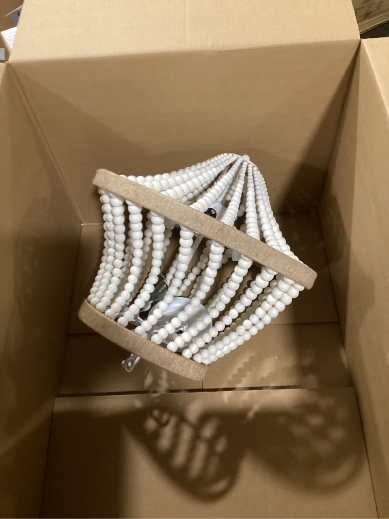 Condition photo showing Good Condition for 3-Light Boho Chandelier Farmhouse, Wood Bead Pendant Light, Antique Rustic Hanging Light Fixture for Kitchen Island Hallway Entryway Bedroom Nursery Dining Room Foyer White