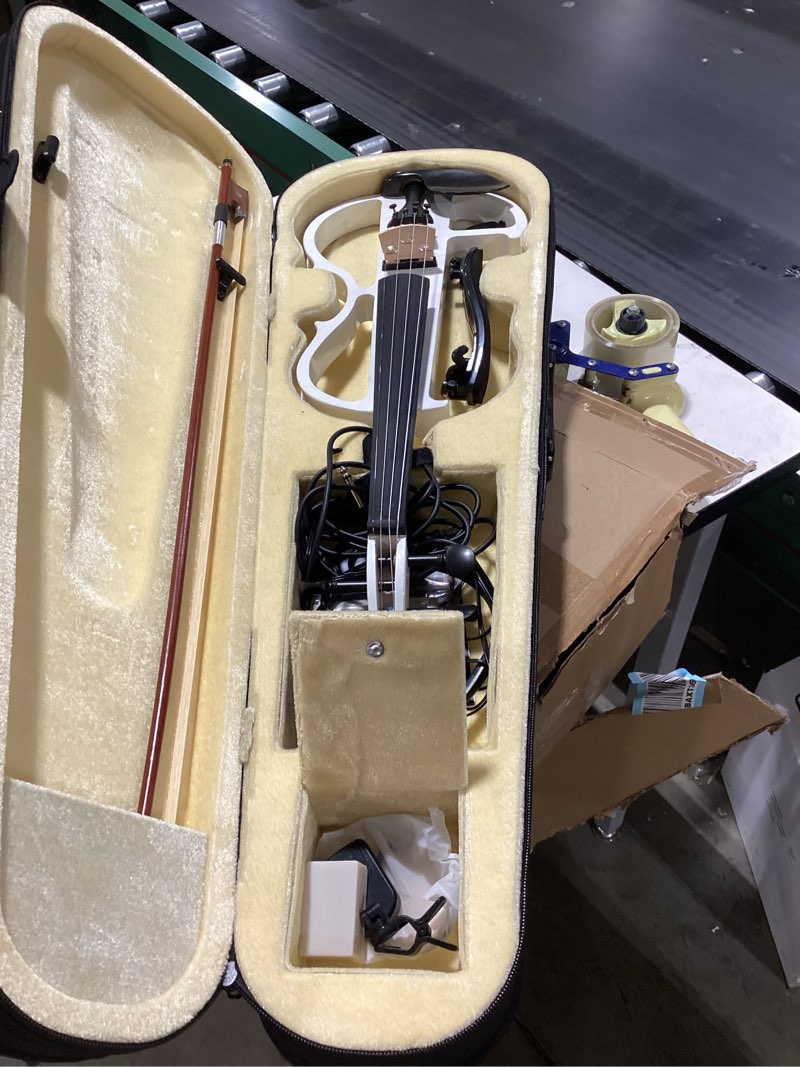 Condition photo showing As Is for Electric Violin 4/4 Full Size Solid Wood Silent Violin Set for Adults Beginner Practice Electric Fiddle with Ebony Fittings Hard Case & Bow(4 String White)