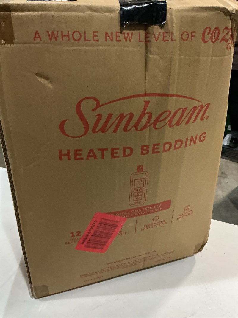 Condition photo showing As Is for sunbeam premium quilted electric heated mattress pad, 60" x 80", 12 heat settings, 12-hour auto shut-off, machine washable, extra-soft, white white quilted square queen