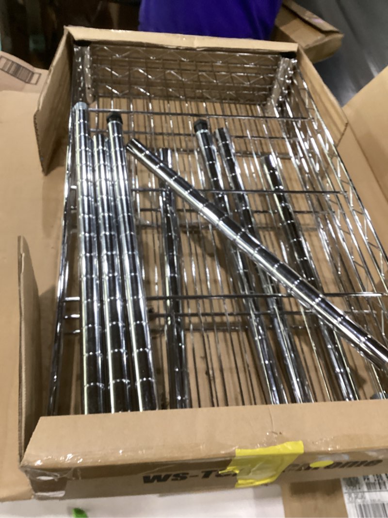 Condition photo showing As Is for bestoffice | 3-tier wire storage shelves with wheels | 23x13x31 | chrome | adjustable racks | heavy-duty metal shelf, holds upto 170 lbs | no-tool assembly | ideal for home & garage shelving chrome 23"d x 13"w x 31"h