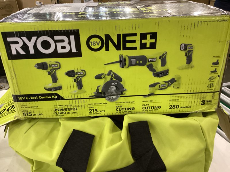 RYOBI ONE+ PCL1600K2 18V Cordless 6-Tool Combo Kit with 1.5 Ah Battery, 4.0 Ah Battery, and Charger