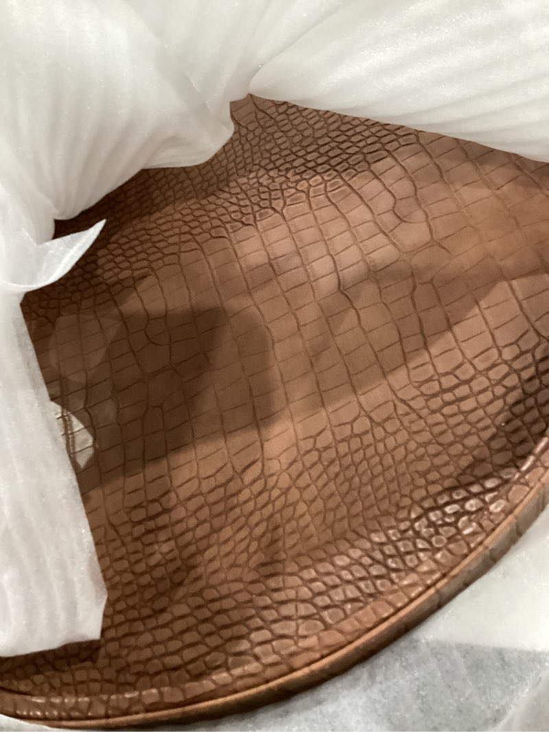 Condition photo showing Good Condition for hofferruffer round serving tray 20'', elegant faux leather circle ottoman table tray, serve tea coffee breakfast in bedroom living room kitchen (brown) antique brown 20"