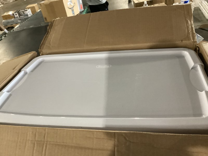 Condition photo showing New/Like New for Sterilite 4 Pack Ultra Latching Box, Storage Bins with Lids, Clear Plastic, 70 Quart - Heavy-Duty Organizing Containers for Closet, Bathroom, and Office 70 Quart 4-Pack