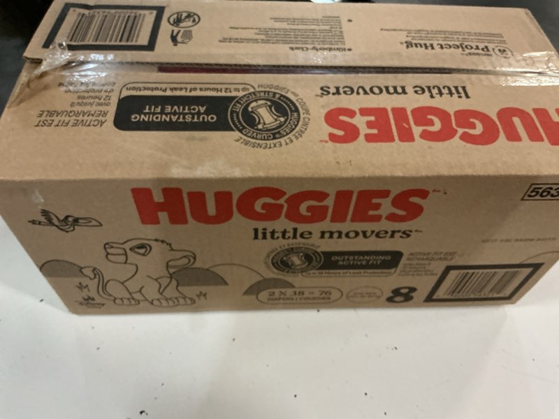 Condition photo showing New/Like New for huggies size 8 diapers, little movers baby diapers, size 8 (46+ lbs), 76 count (2 packs of 38), packaging may vary size 8 76