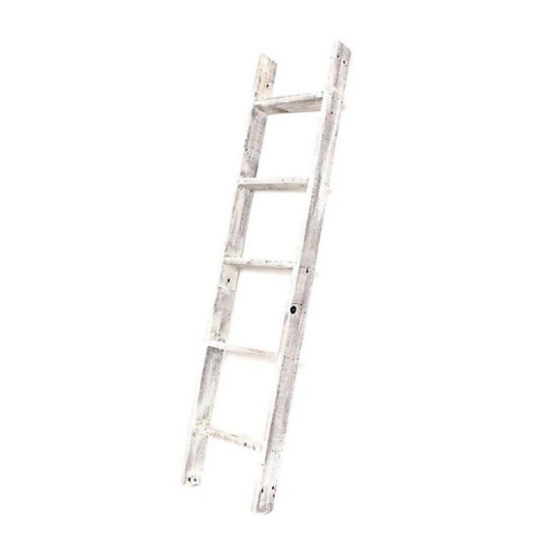 MyGift Large Whitewashed Wood Ladder Blanket Ladder, Farmhouse Style Wall Leaning Towel Rack with 5 
