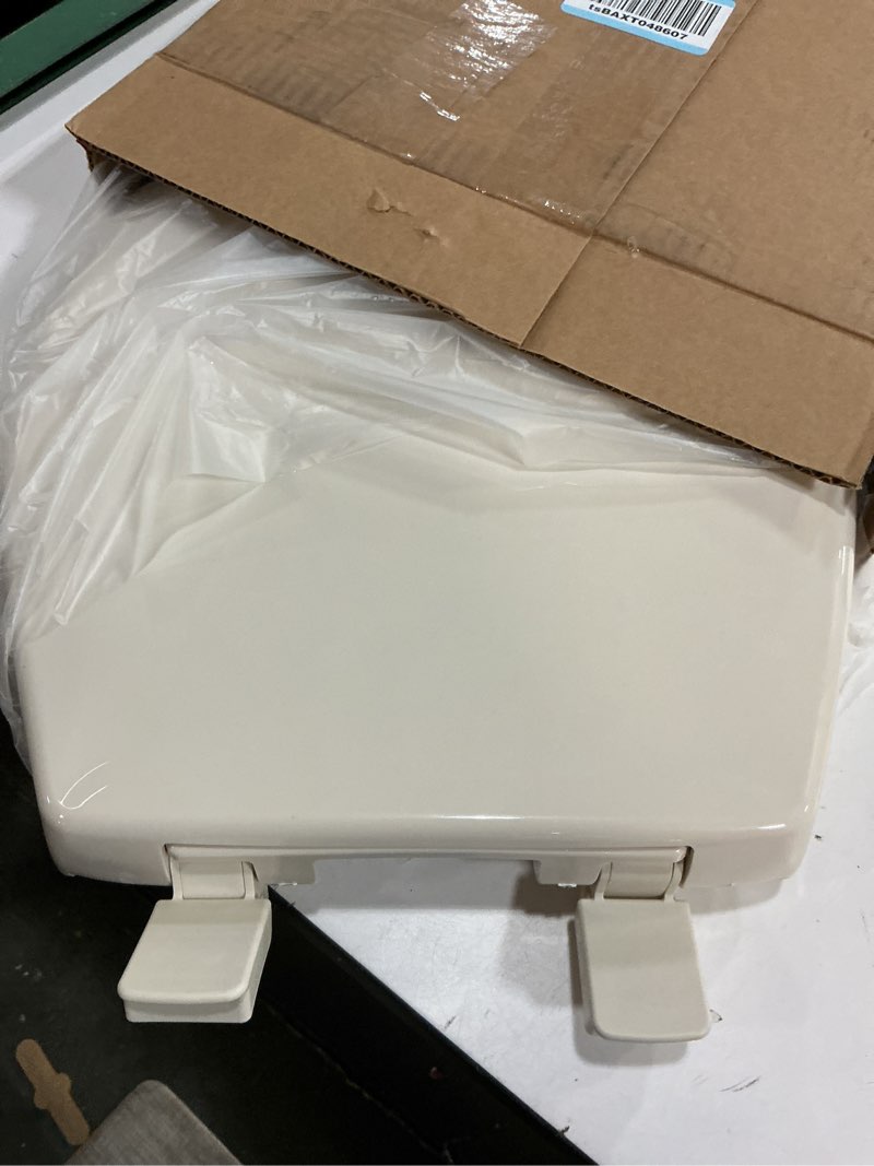 Condition photo showing As Is for Mayfair Aurora Slow Close Toilet Seat, Easy Clean Hinges and Adjustable Perfect Fit Plastic Seat, Made in USA, Round, Bone