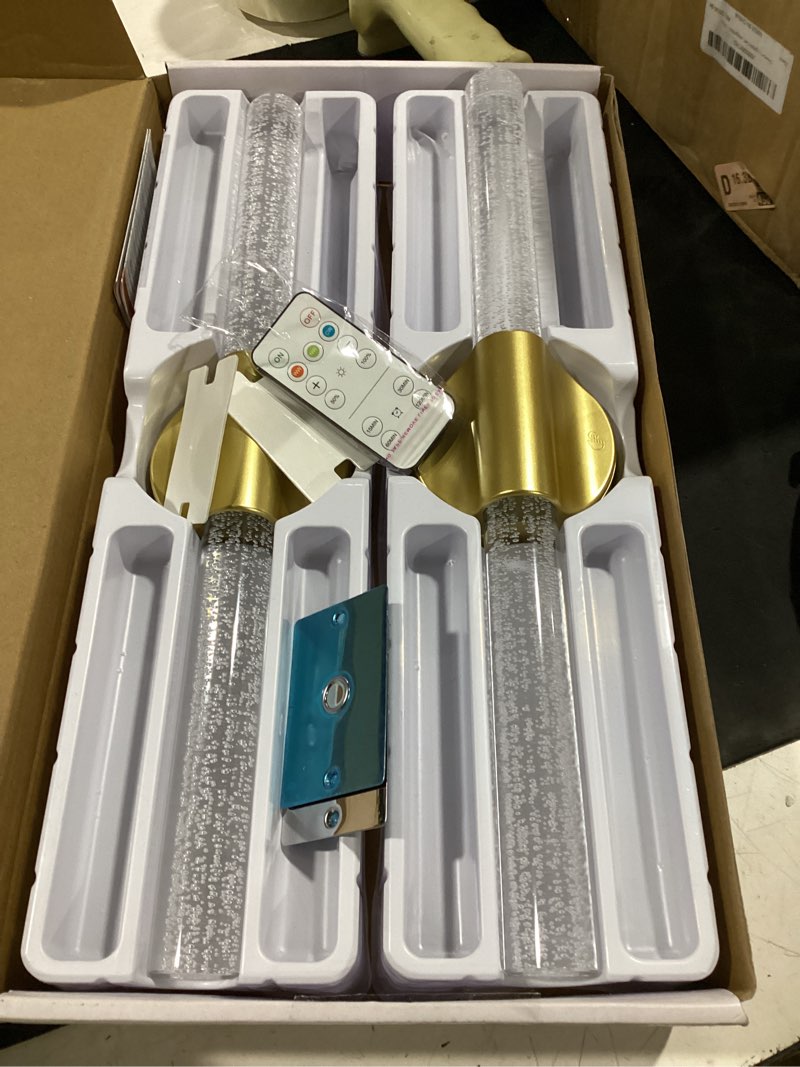 Condition photo showing As Is for peel and stick on wall sconce set of 2 wireless battery operated wall light | rechargeable gold no drill magnetic dimmable cordless wall lamps with remote for bedroom living room bathroom decor gold-2 pack
