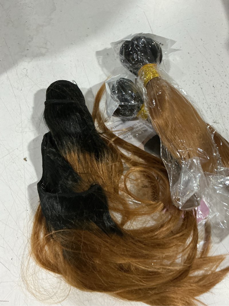 Condition photo showing As Is for straight human hair bundles 8 10 12 inch 3 bundles ombre brown highlight t1b/30 soft silky smooth flowing hair extensions for women #t1b/30-st 8 10 12"