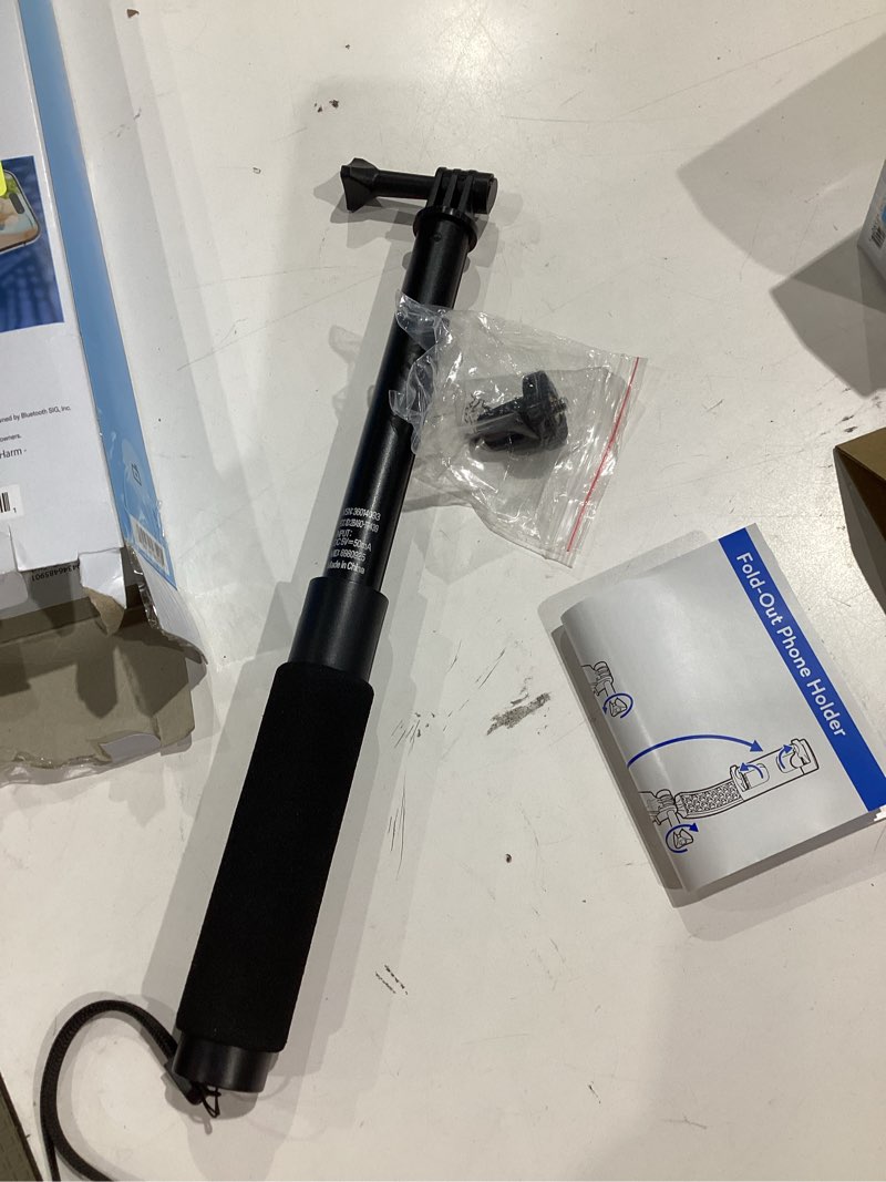 Condition photo showing As Is for iten incomplete))))onn bluetooth selfie stick – extendable to 40 in 360° rotating & tilting clamp with built-in rechargeable shutter and universal camera mount)