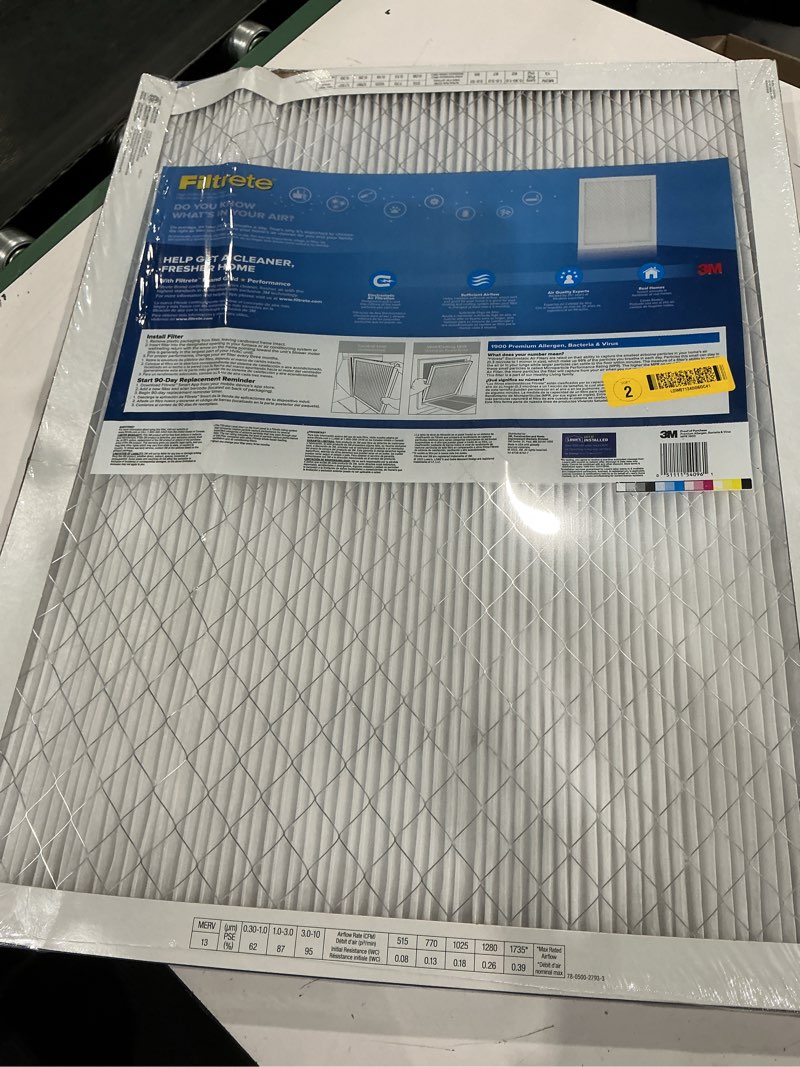 Condition photo showing As Is for filtrete 20-in w x 25-in l x 1-in merv 13 1900 mpr premium allergen, bacteria and virus electrostatic pleated air filter
