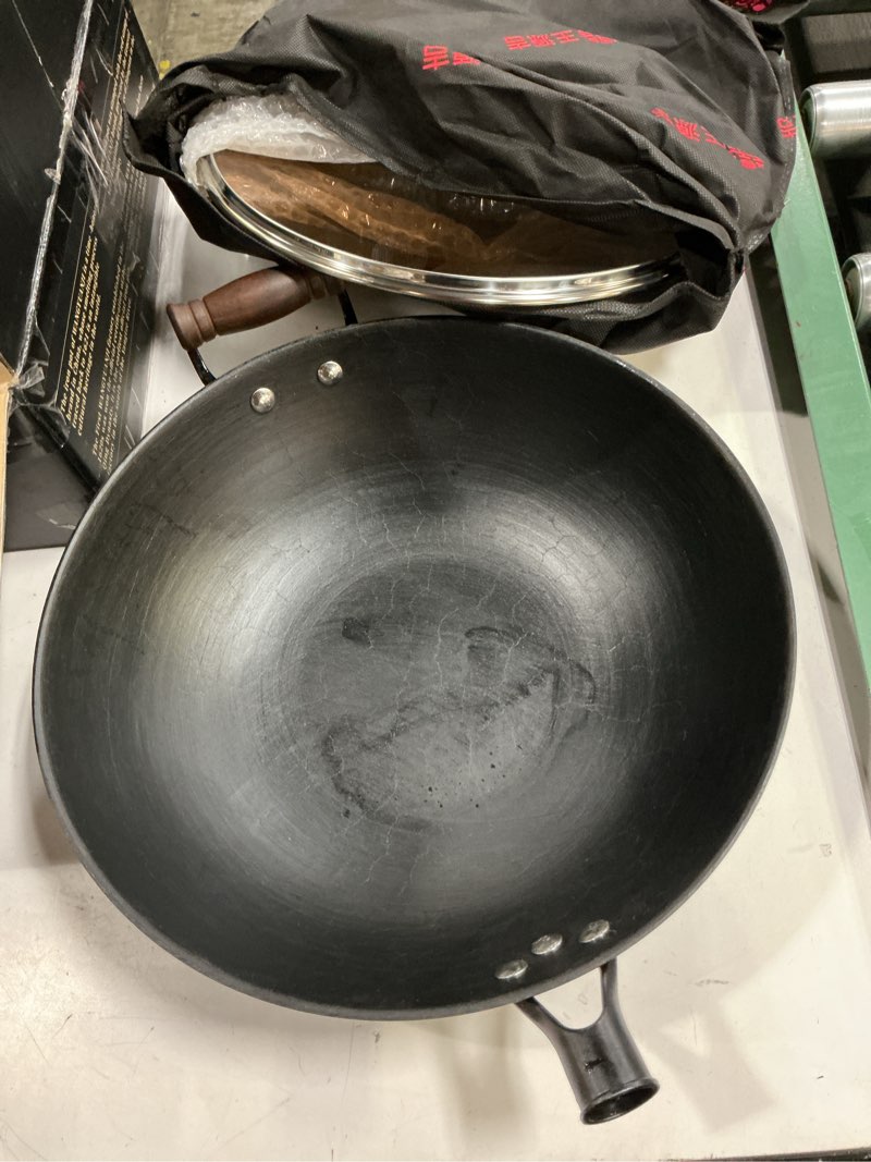 Condition photo showing As Is for wangyuanji cast iron wok,13.4 inch flat bottom wok with glass lid,suitable for all cooktops, uncoated craft pot healthy cooking pot 13.3 inch