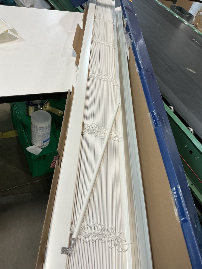 Condition photo showing As Is for levolor trim+go 2-in slat width 72-in x 64-in cordless white faux wood room darkening horizontal blinds