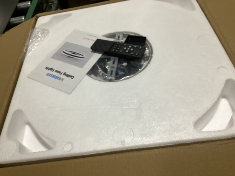 Condition photo showing Good Condition for VOLISUN Low Profile Ceiling Fans with Lights and Remote, 19.7in Flush Mount Ceiling Fans with Light, 3000K-6500K Dimmable Fandelier LED Fan Light, White Bladeless Ceiling Fans with Lights for Bedroom White 19.7 INCH