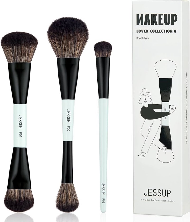 Jessup Face Makeup Brushes Blue 3pcs Double Ended Makeup Brush for Foundation Contour Blush Highligh